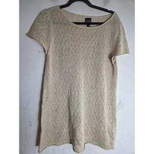 Eileen Fisher Cream Bateau Neck Short Sleeve 100% Linen Thread Blouse sz Medium